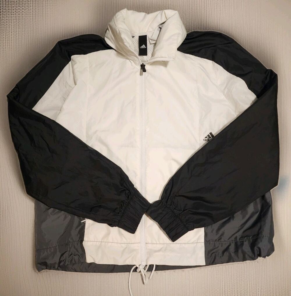 adidas Womens Large White Black Windbreaker Full Zip Jacket L Colorblock Mesh